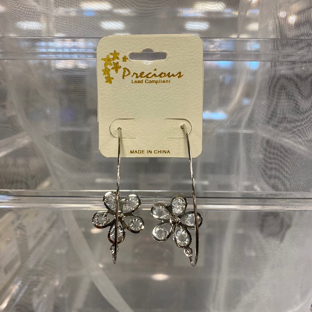 Silver Flower Gem Dangle Earrings